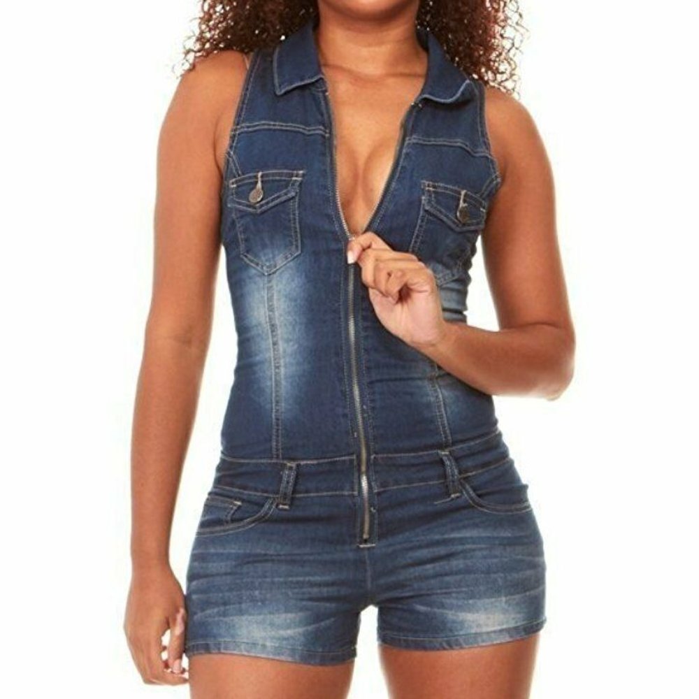 VIP Jeans Women's Romper Denim Shorts Zip Up Sexy